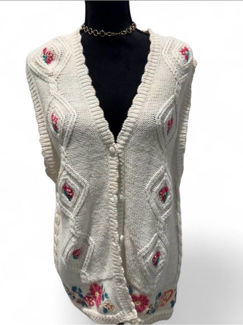 Vintage Gina Peters Cream Floral Embroidered Knit Cardigan Sweater 1X